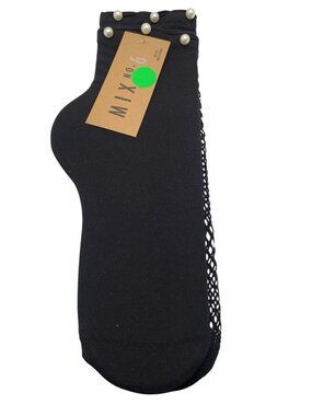 Mix No. 6 Black Pearl Embellished Fishnet Socks One Size